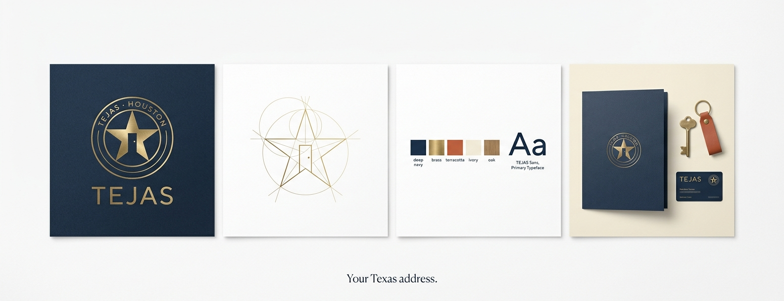 Tejas brand system: navy seal card, star construction drawing, palette, and stationery