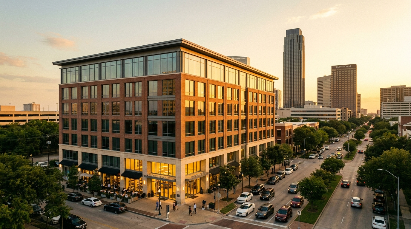 The brick building at 1800 St. James Place at golden hour, Galleria skyline behind