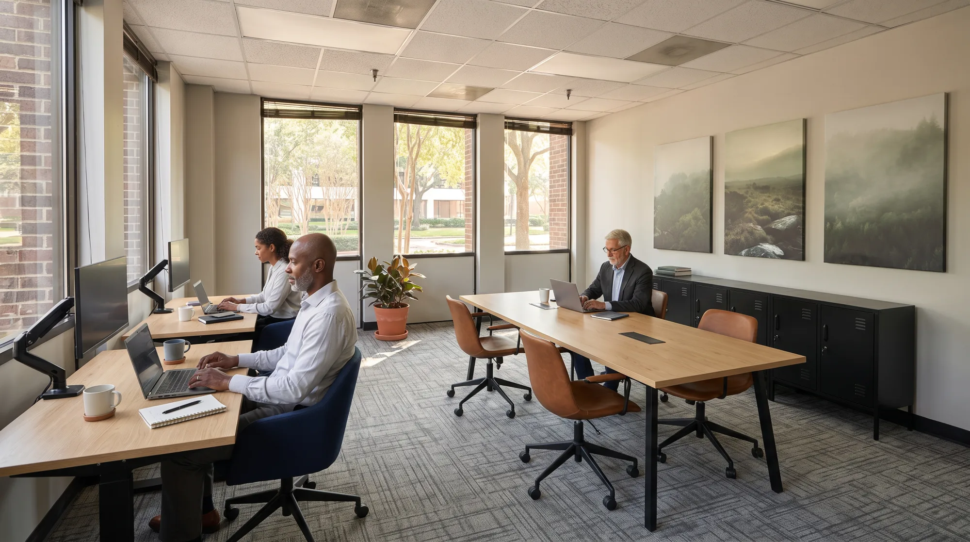 Staged photo of dedicated desks along the window wall at 1800 St. James Place, monitors set up, a few members at work