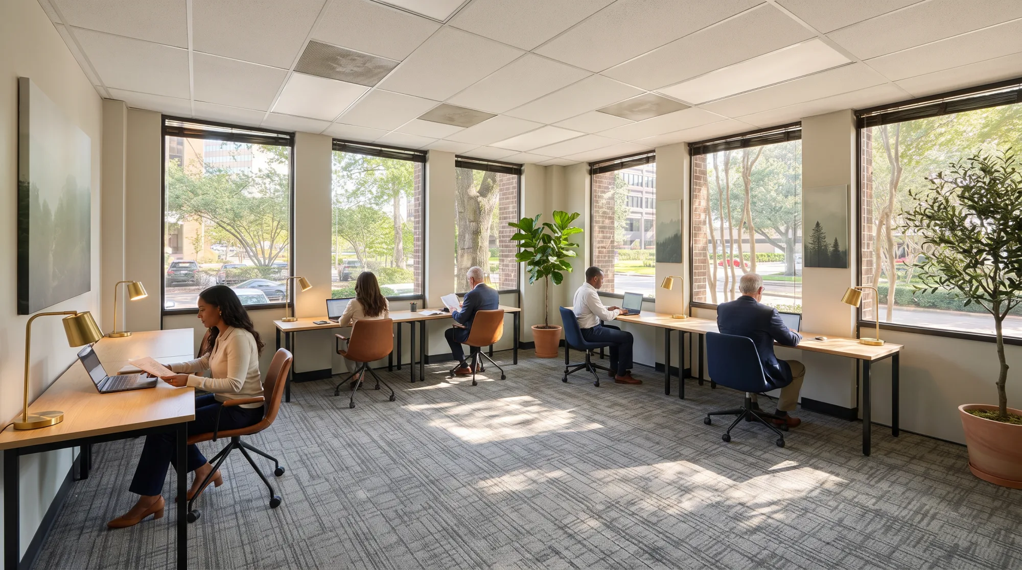 Staged photo of the coworking floor at 1800 St. James Place: oak worktables along a wall of windows onto live oaks, members working on laptops