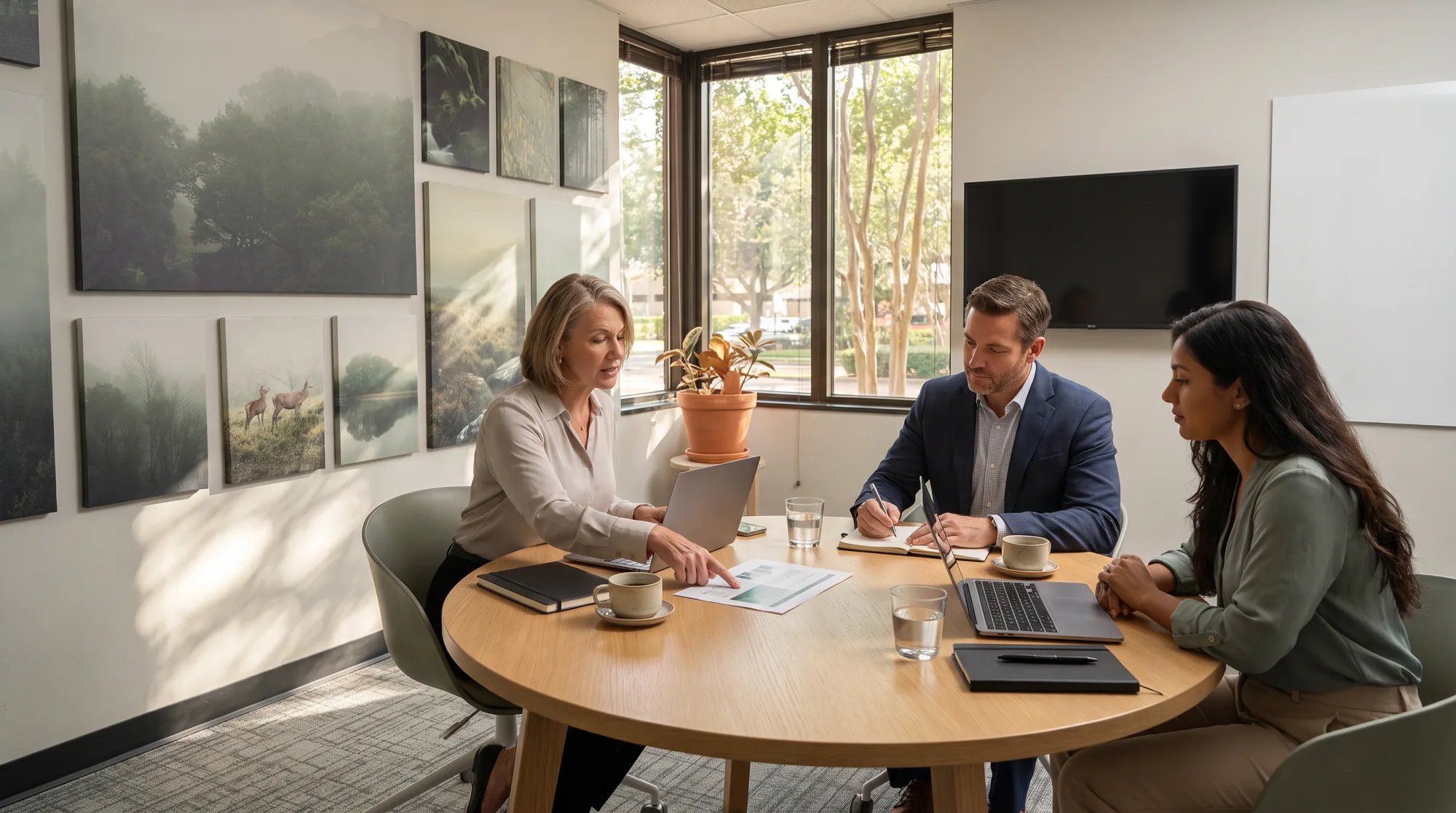 Staged photo: three people in a working meeting around an oak table, window light behind them