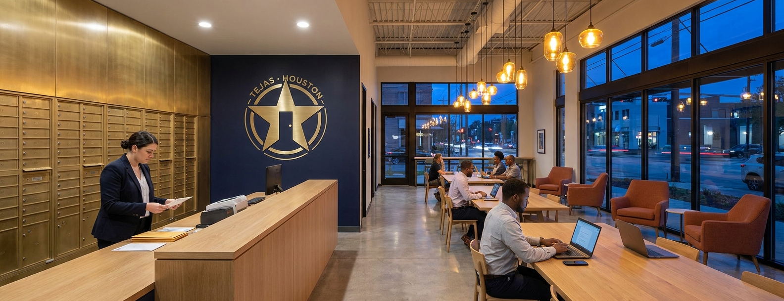 The Tejas workroom at dusk, members at oak tables under brass pendant lights