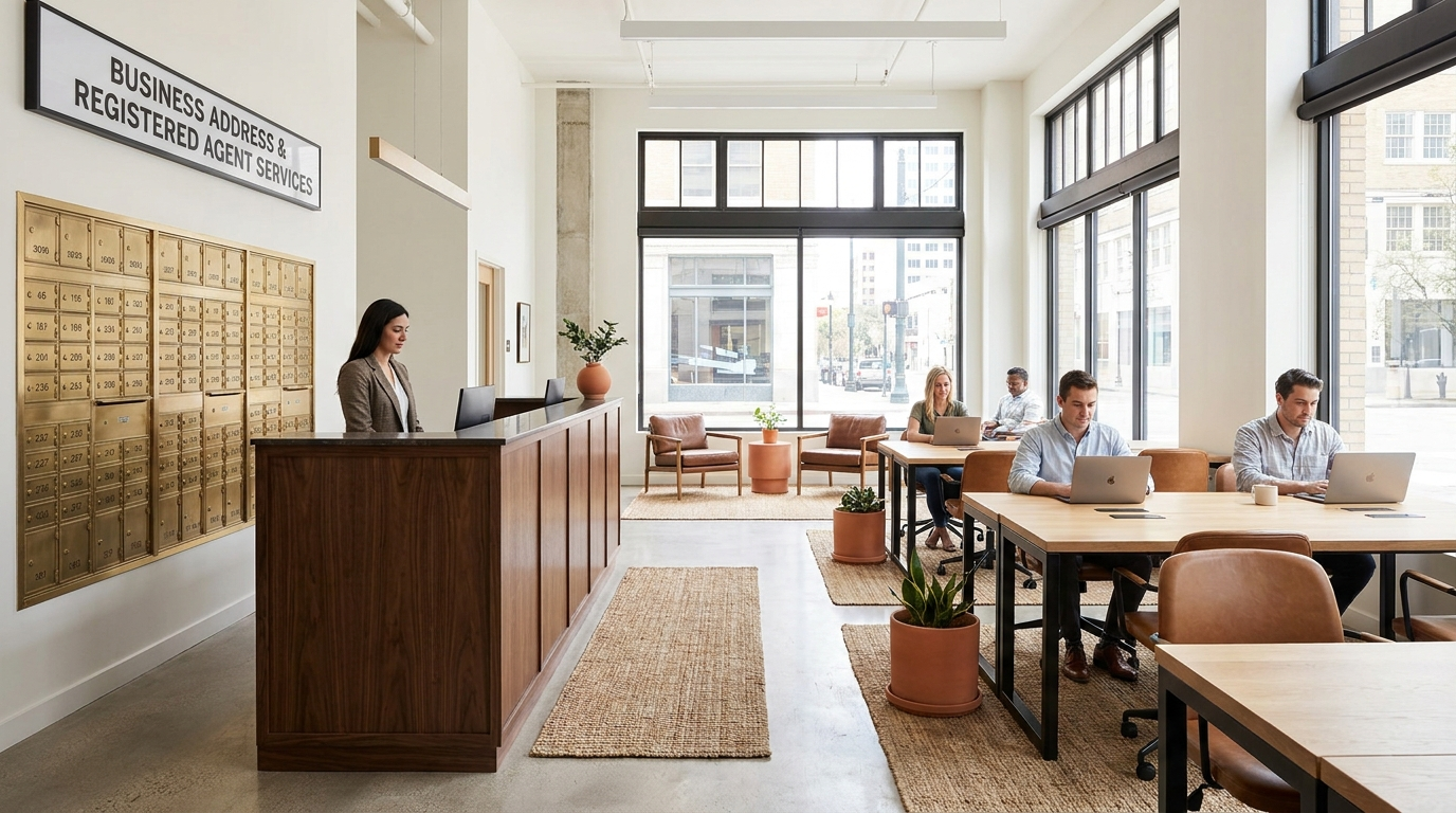 The gold mailbox wall and walnut reception desk under the business address and registered agent sign