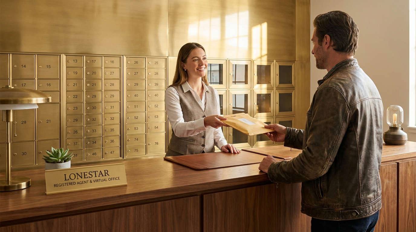A staffed brass mail counter, an attendant handing over an envelope
