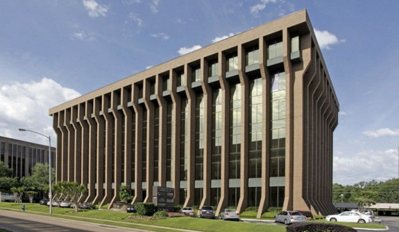 1800 St. James Place from the street: full facade of vertical concrete fin columns