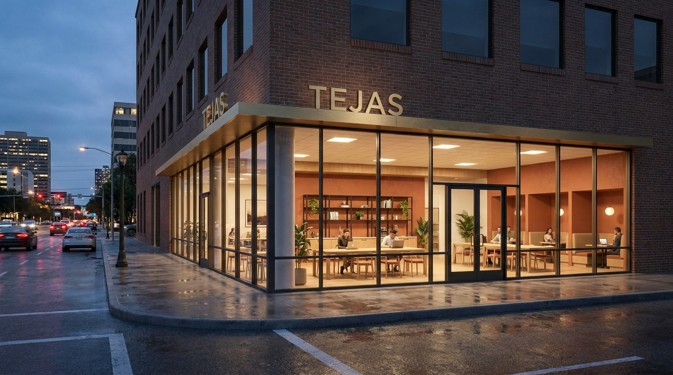 Evening view of the corner suite, warm terracotta interior visible through the glass