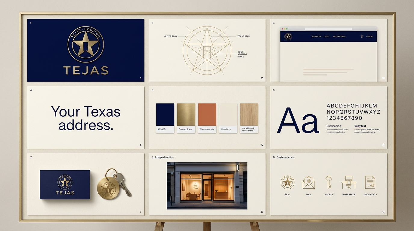 The Tejas brand board on an easel: seal construction, palette, type, and storefront