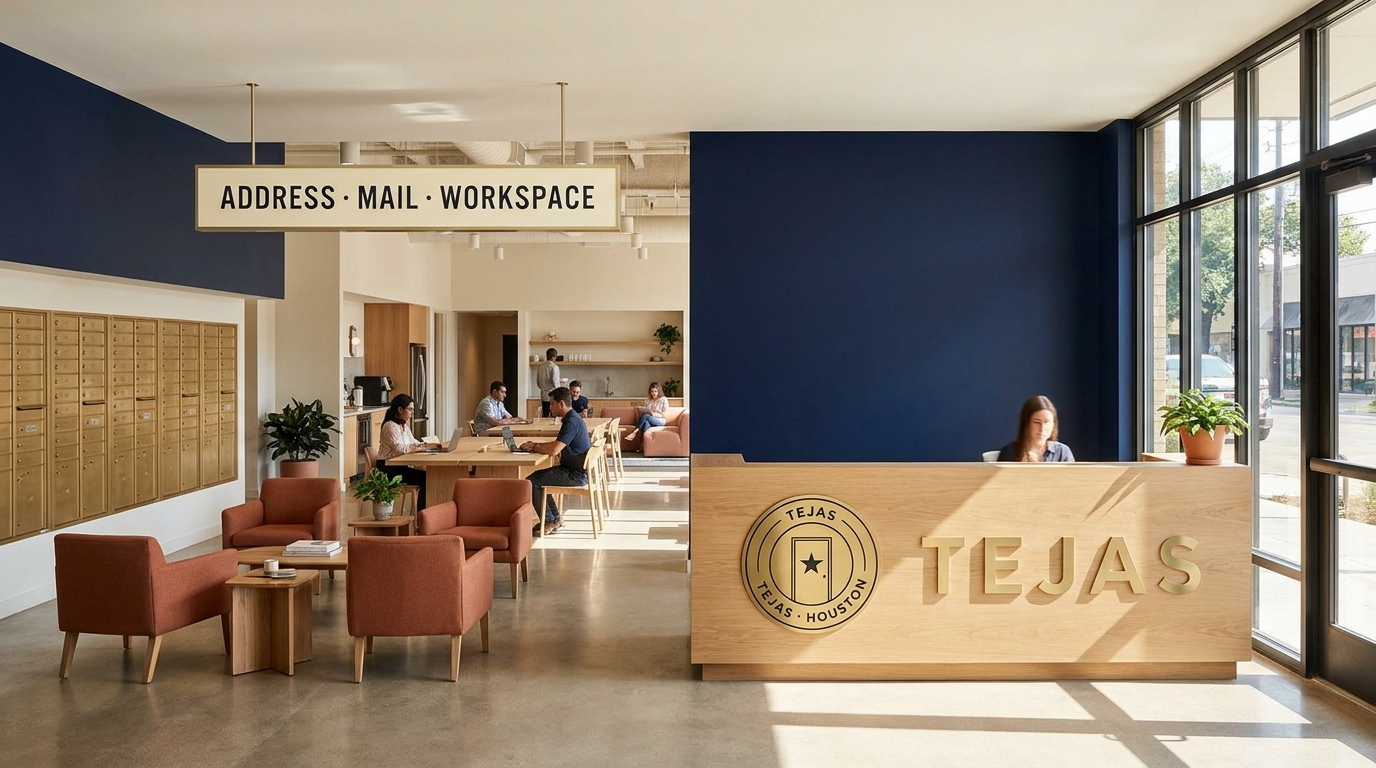 The Tejas lounge: oak reception desk, navy feature wall, terracotta armchairs