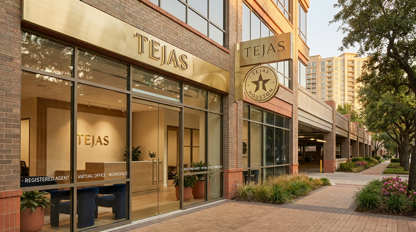 Brass Tejas signage above the entrance on a clear day