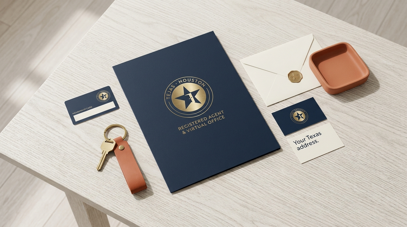 Tejas welcome kit: navy folder, brass key, membership card, sealed envelope